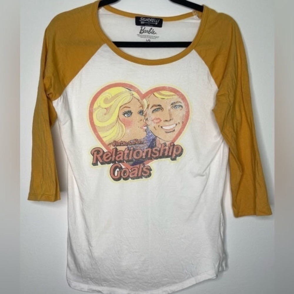 Barbie Mustard and White Raglan Tee